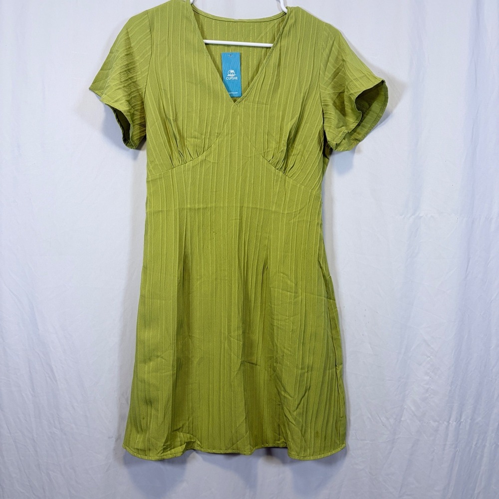 CUPSHE Dress V-Neck Short Sleeve Textured Tie Back Lime Green S